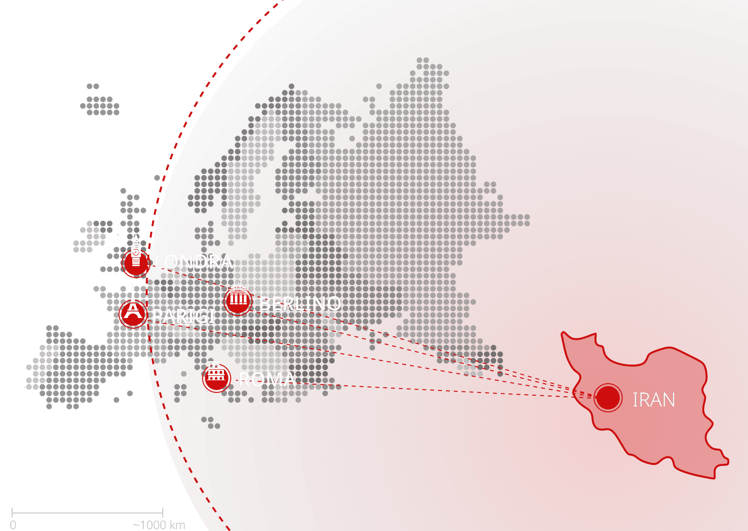 Raggio dei missili iraniani verso l'Europa